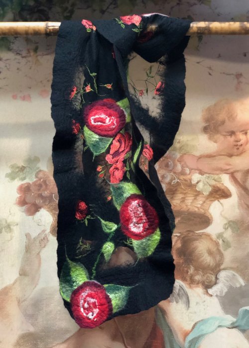 Agnes Foss - Felted Merino Scarf / Wrap - Crimson Roses on Black Background with Silk Inserts